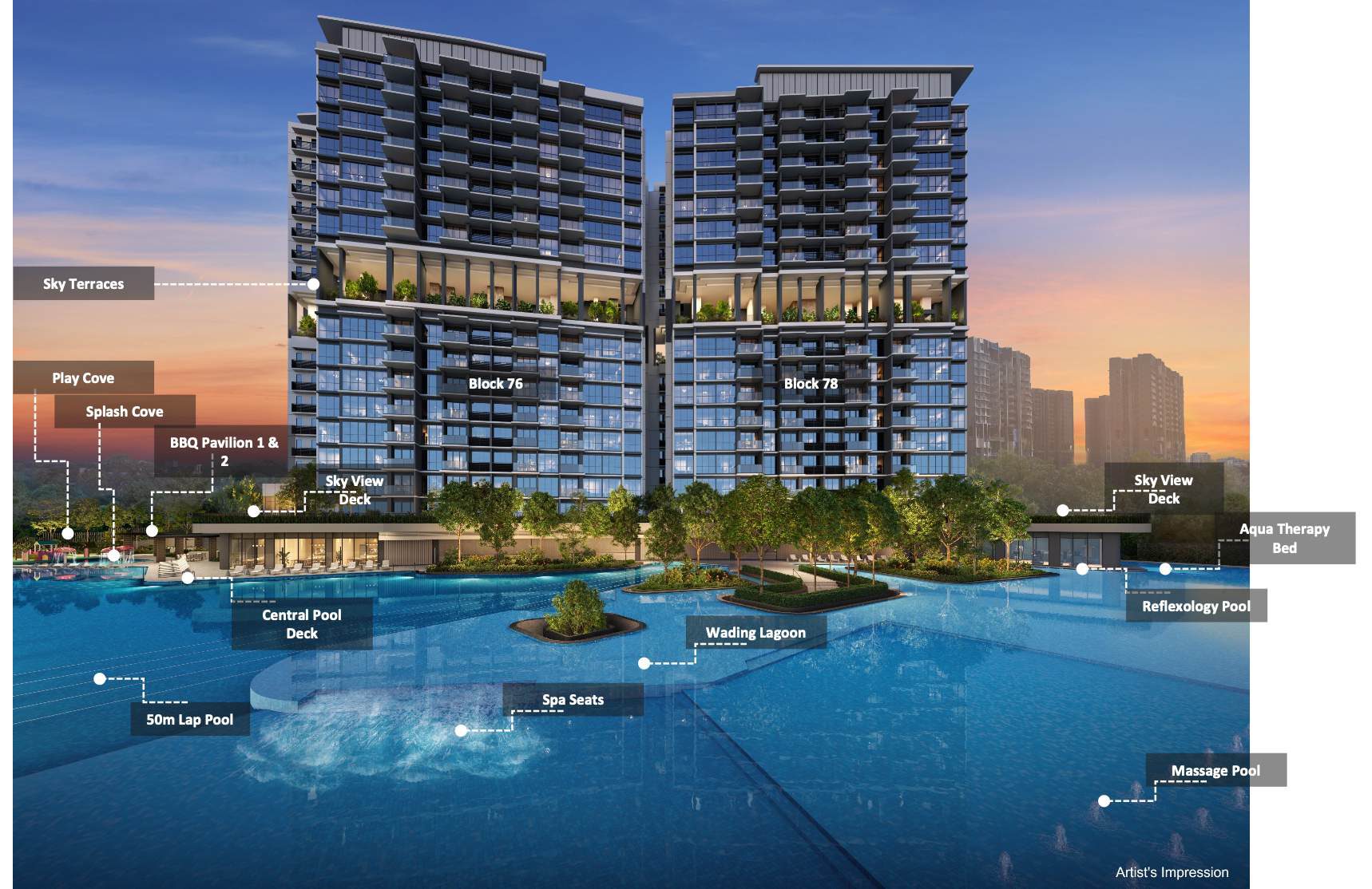 Dusk artist's impression of Lentor Gardens Residences towers above the central pool and facilities