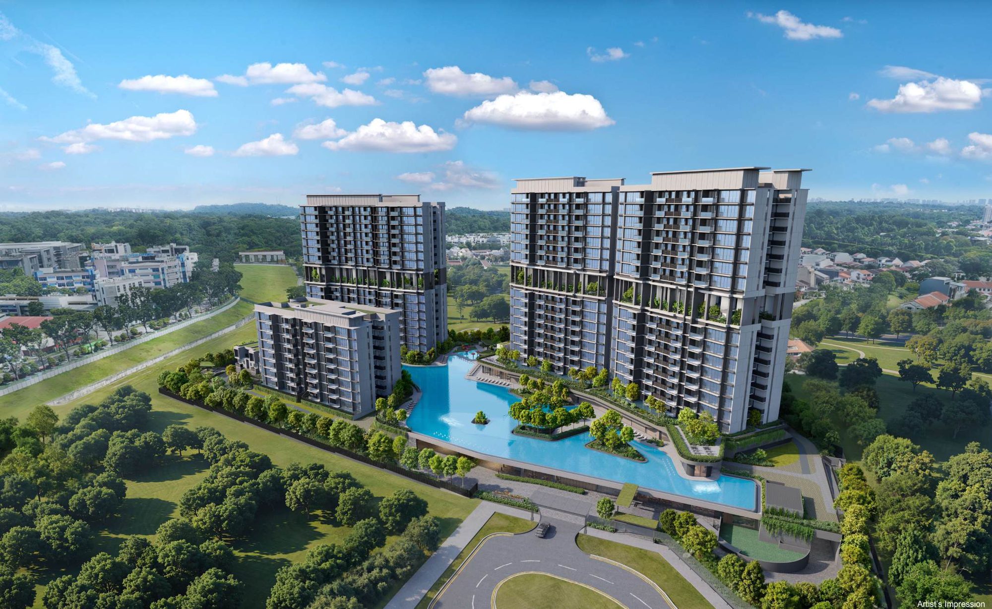 Aerial artist's impression of Lentor Gardens Residences twin towers above a landscaped pool