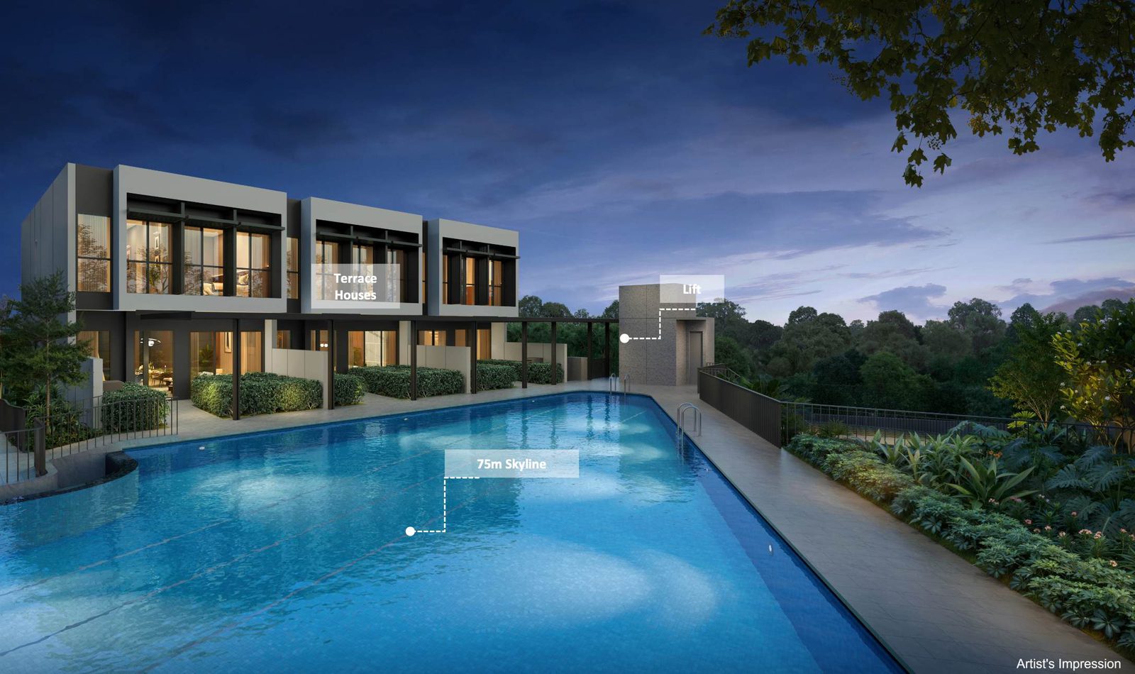 Artist's impression of the terrace houses beside the 75m skyline pool at dusk